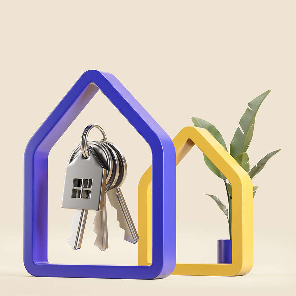 Image showing model houses with keys and a plant inside