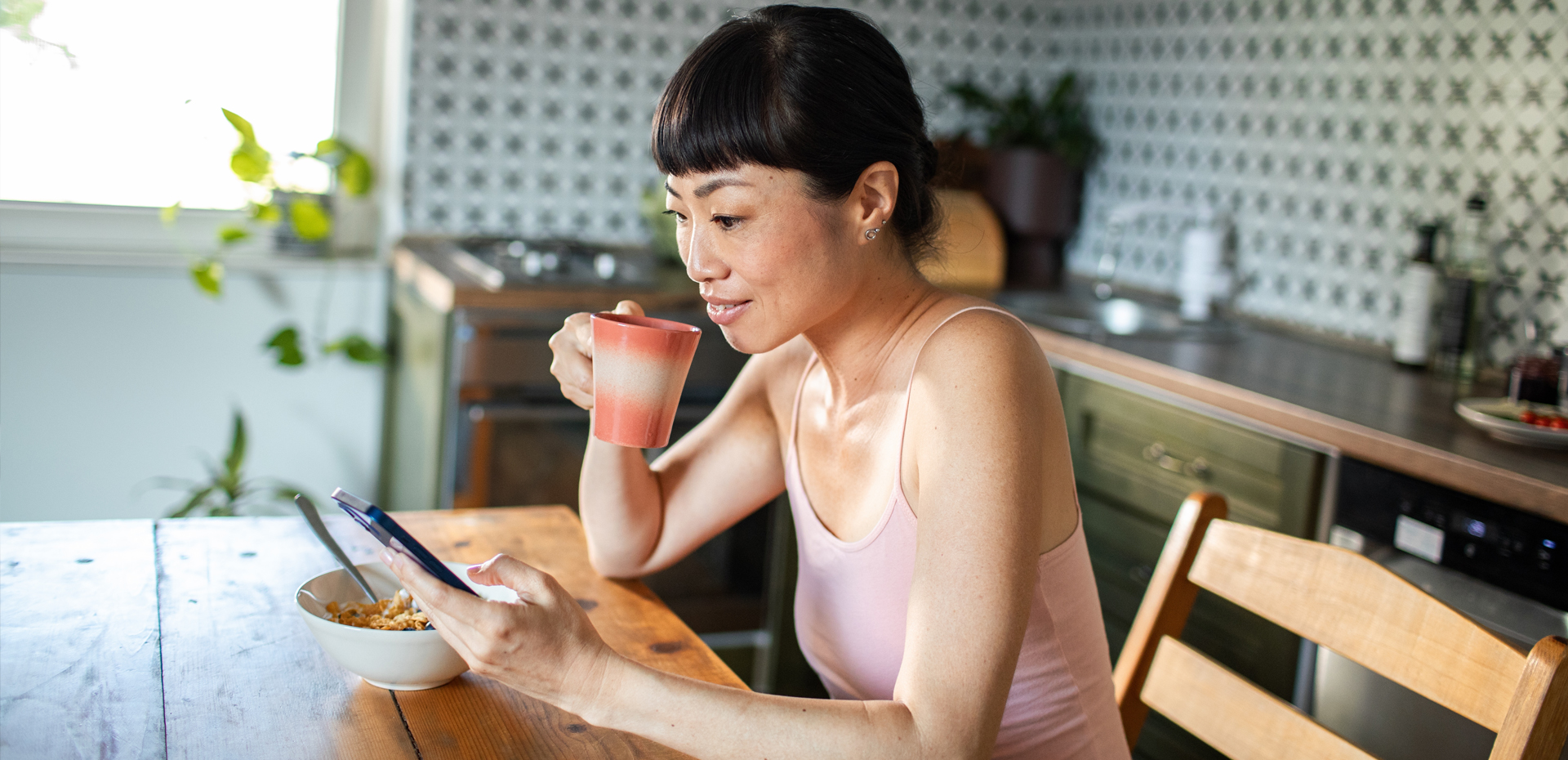 The girl is drinking coffee